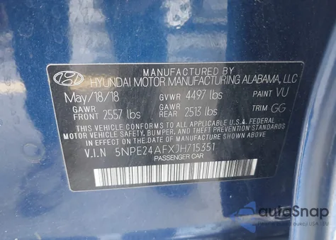 2018 Hyundai Sonata Se из США, поврежденный, VIN 5NPE24AFXJH715351